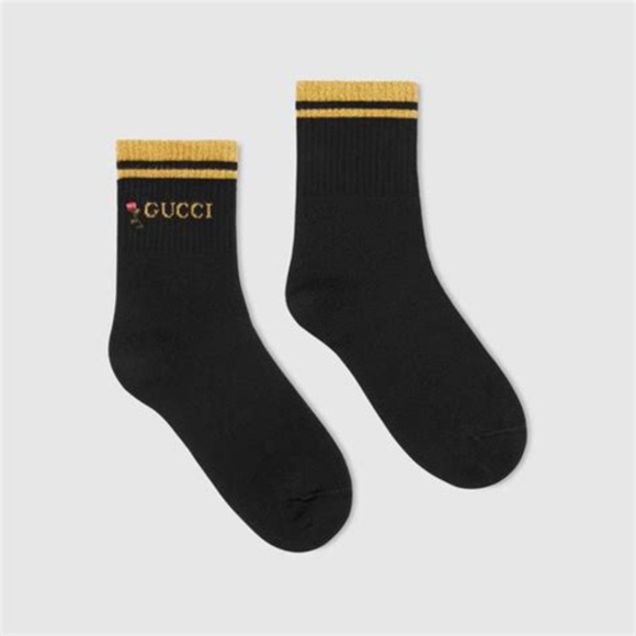 GUCCI Metallic Logo Crew Socks In Black Shiny Pong